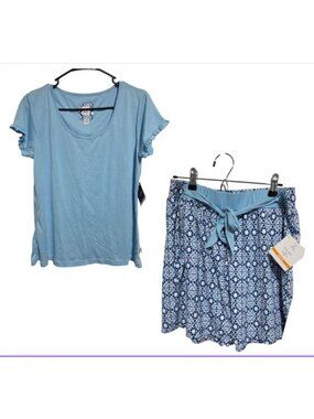 Echo Sleepwear 2 Piece Pajama Set Size Medium Light Blue Top Printed Shorts PJs